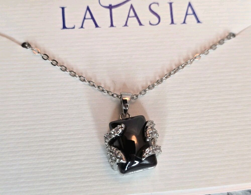 Latasia Black Stone Pendant Necklace Silver Tone Crystal Accent Jewelry #353
